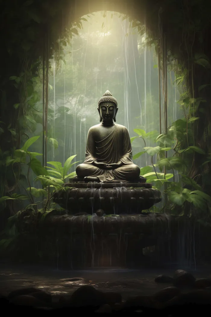 Meditating bronze Buddha statue seated in lotus position inside a misty tropical jungle under a golden ray of light. | PrintPosters.in
